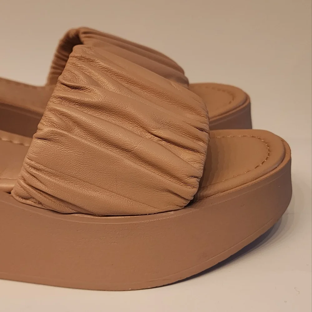 Seychelles Ruched Slide Platform Sandals in Tan